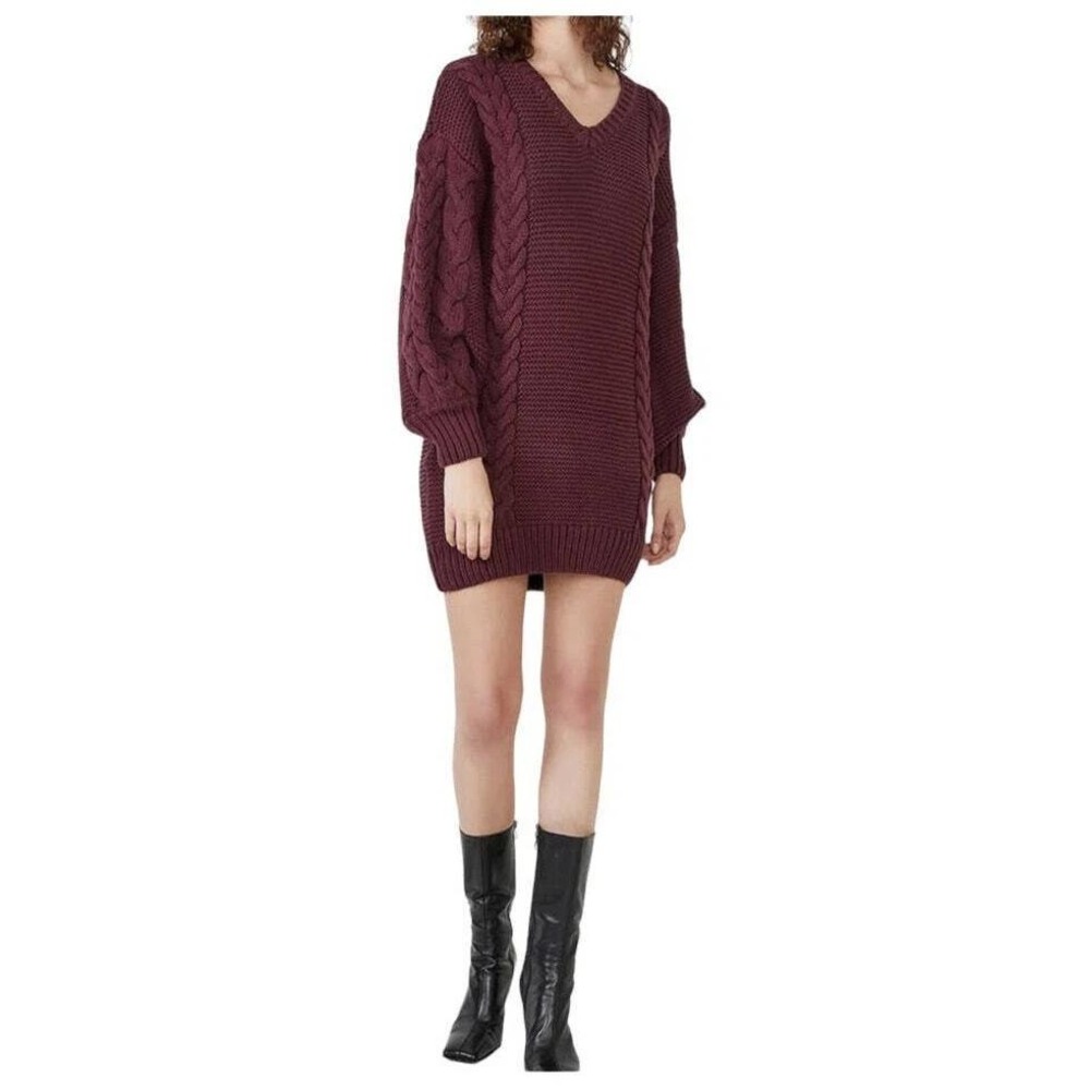 NWT Bardot Women‎ M Knit Pullover Sweater Dress Burgundy Cable Knit Long Sleeve